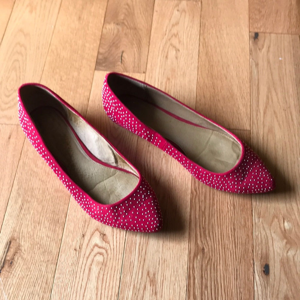 Aldo Red Suede Silver Studded Pointy Toe Flats | Size 8.5
